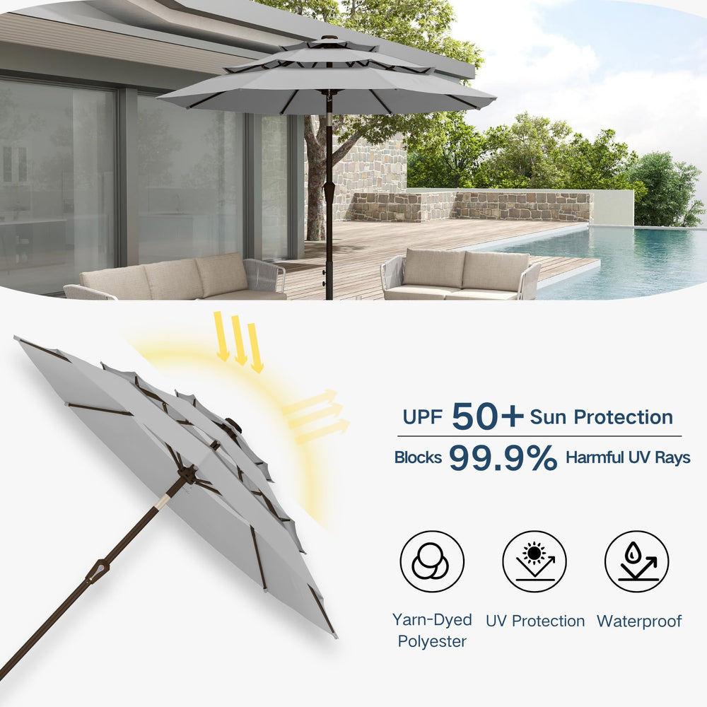 Patio Kingdom umbrella shading poolside lounge for comfortable relaxation