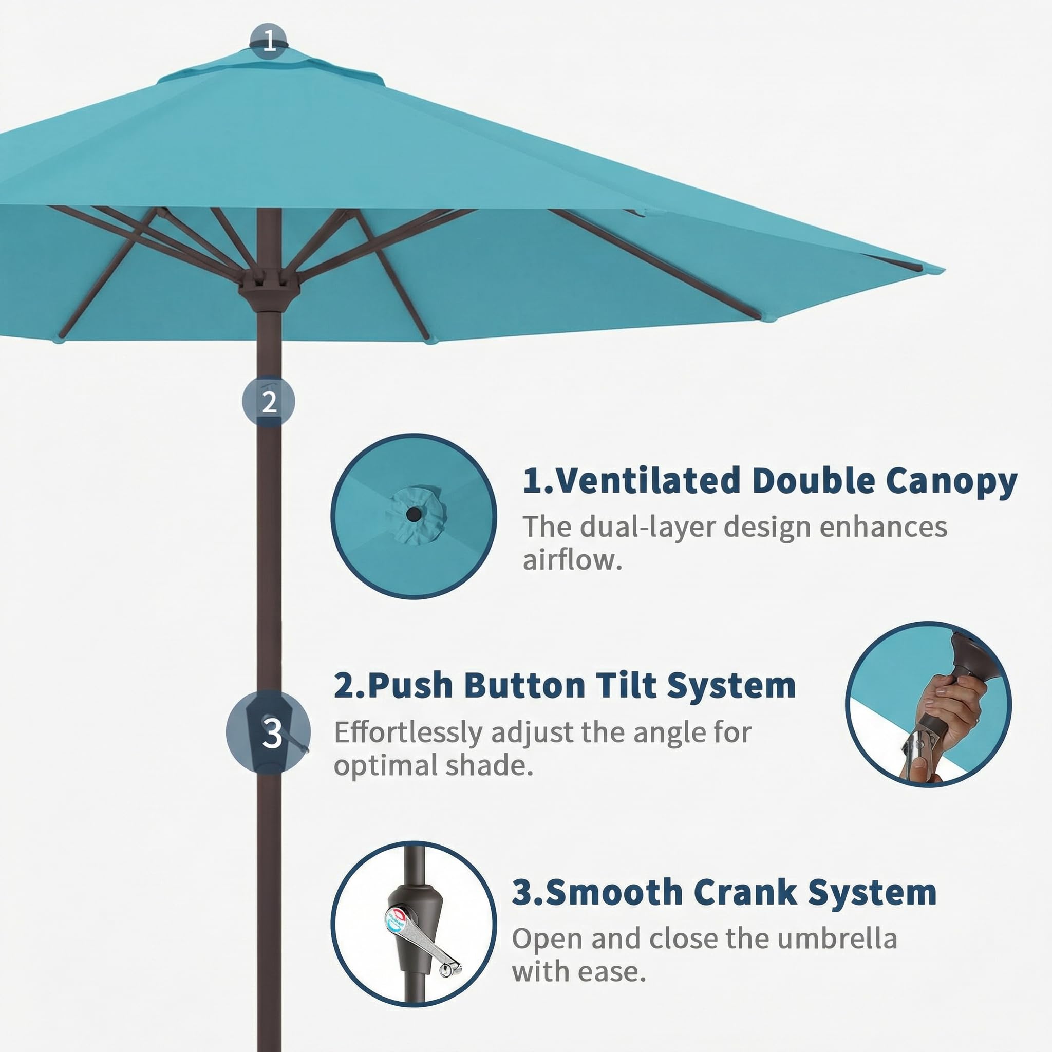 Patio Kingdom umbrella next to table showing 10ft coverage scale