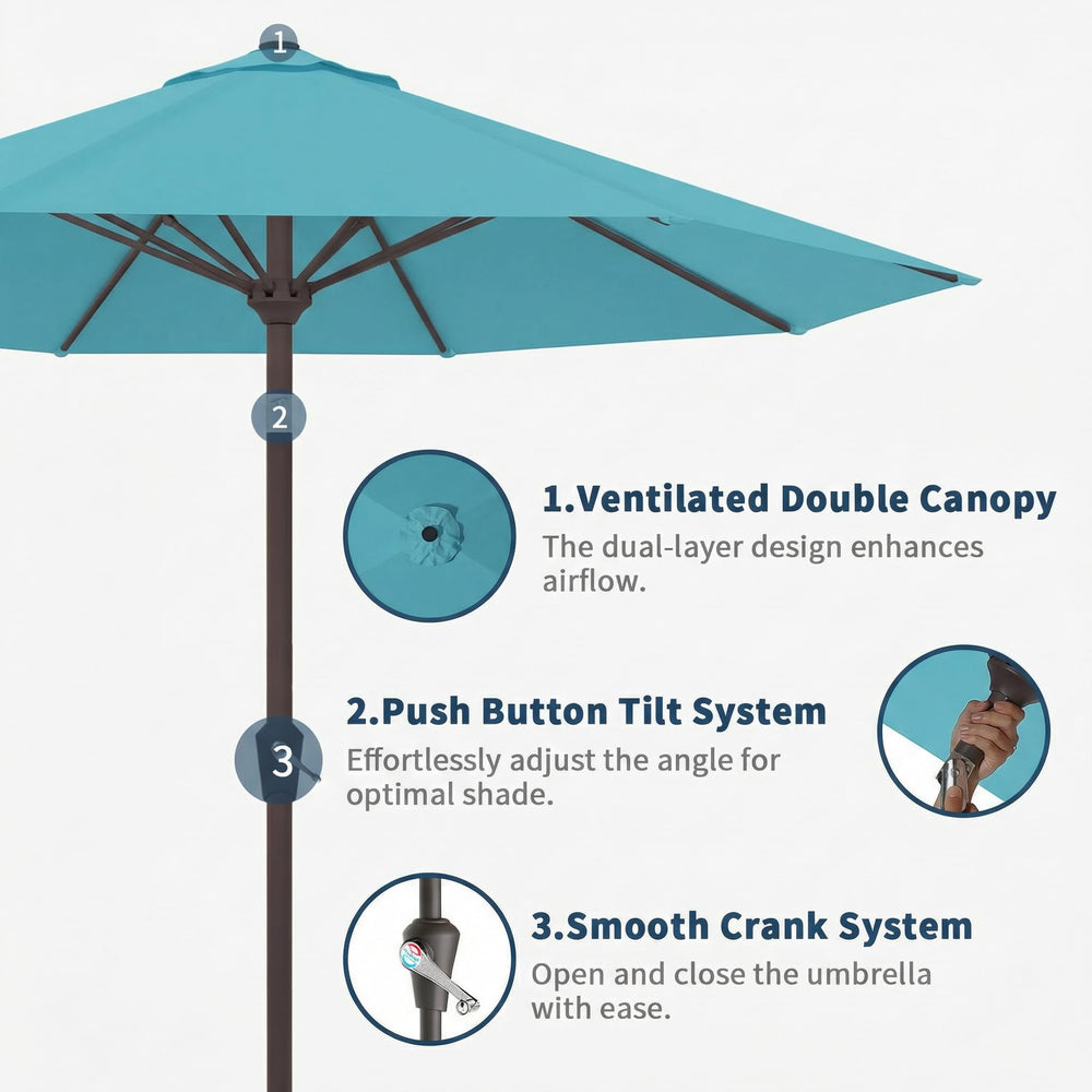 Patio Kingdom umbrella next to table showing 10ft coverage scale