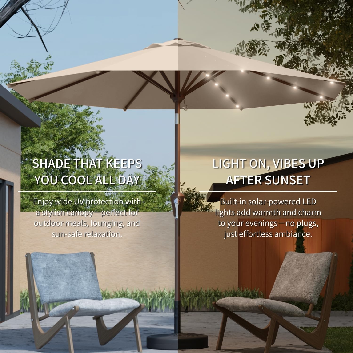 Patio Kingdom umbrella over dining table showing 10FT coverage for seating protection