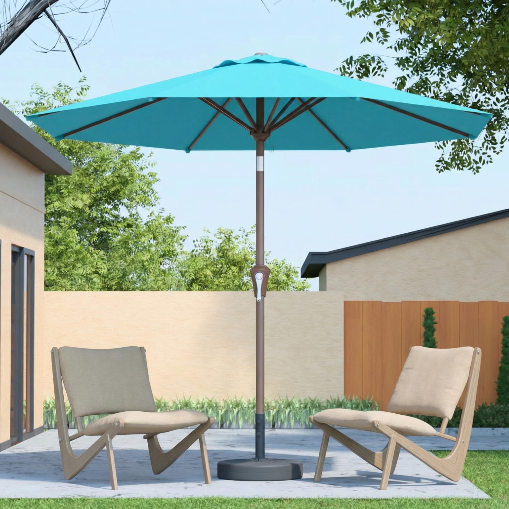 Patio Kingdom sky blue umbrella front view providing wide shade
