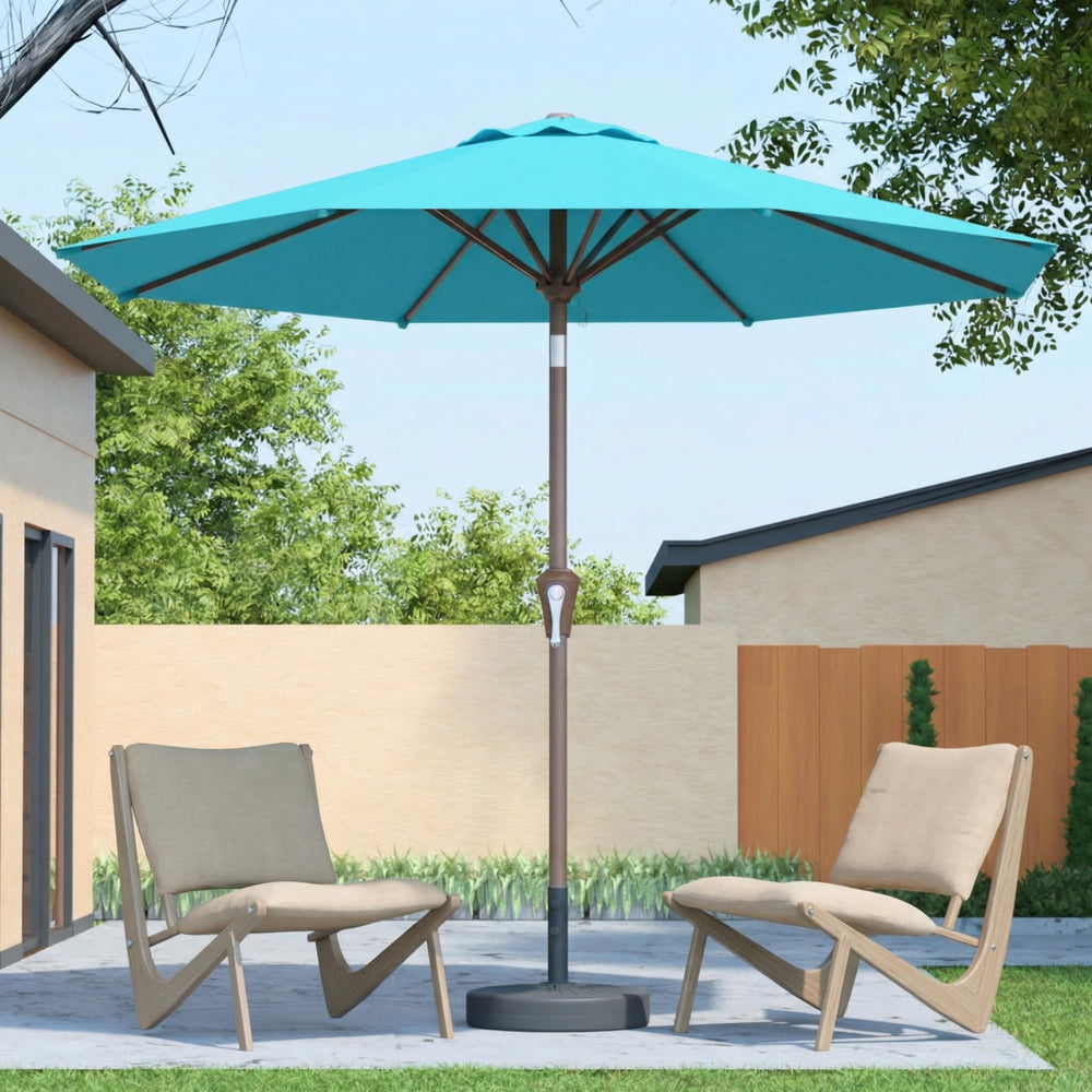 Patio Kingdom sky blue umbrella front view providing wide shade