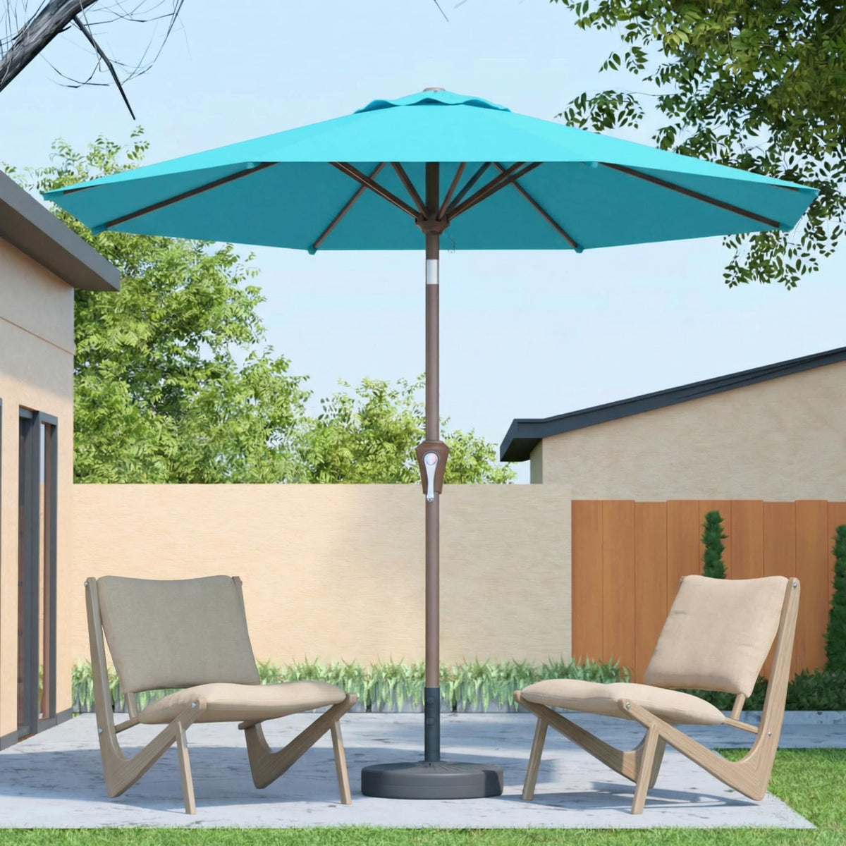 Patio Kingdom sky blue umbrella front view providing wide shade