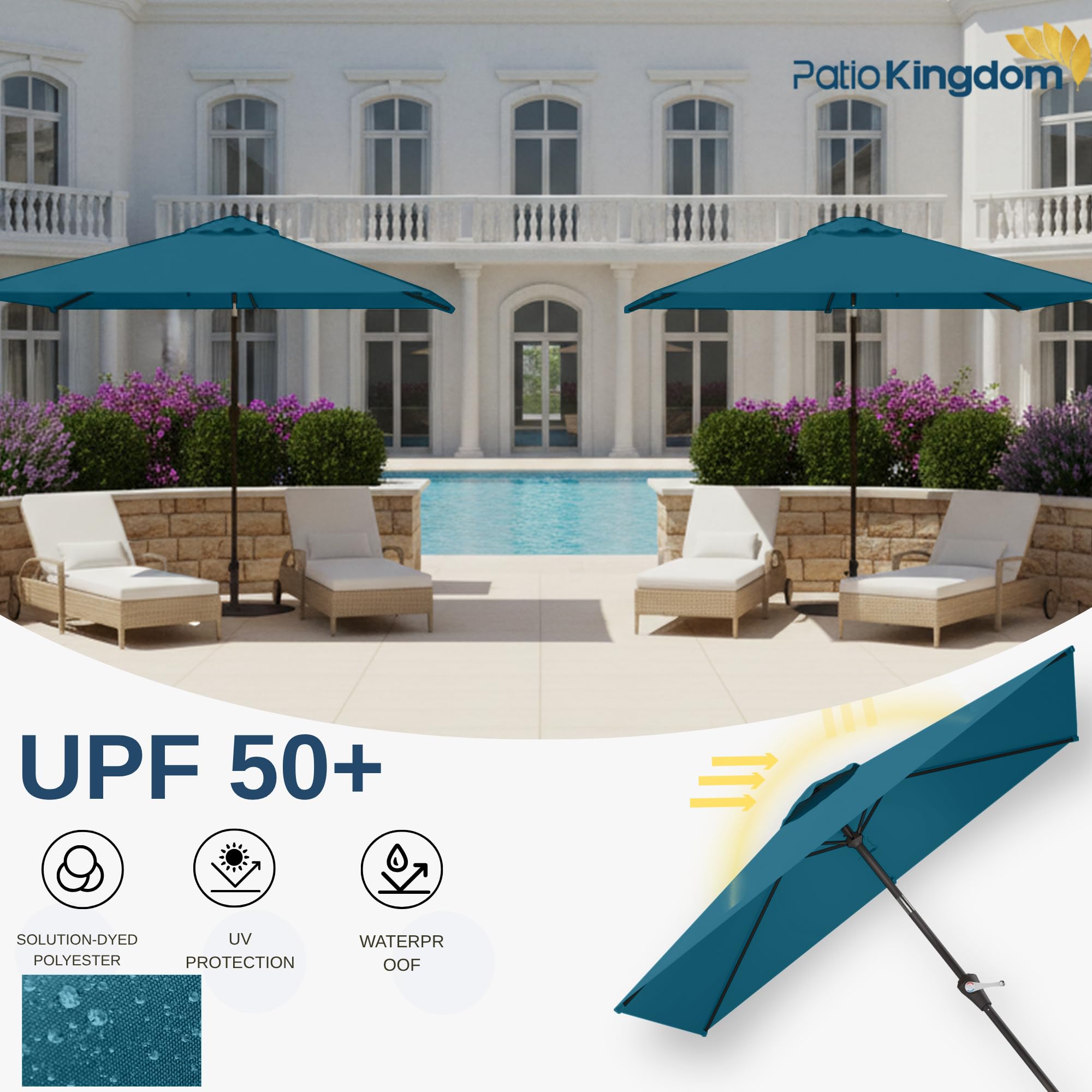 Patio Kingdom tilt button detail showing easy adjustment benefit: quick sun blocking