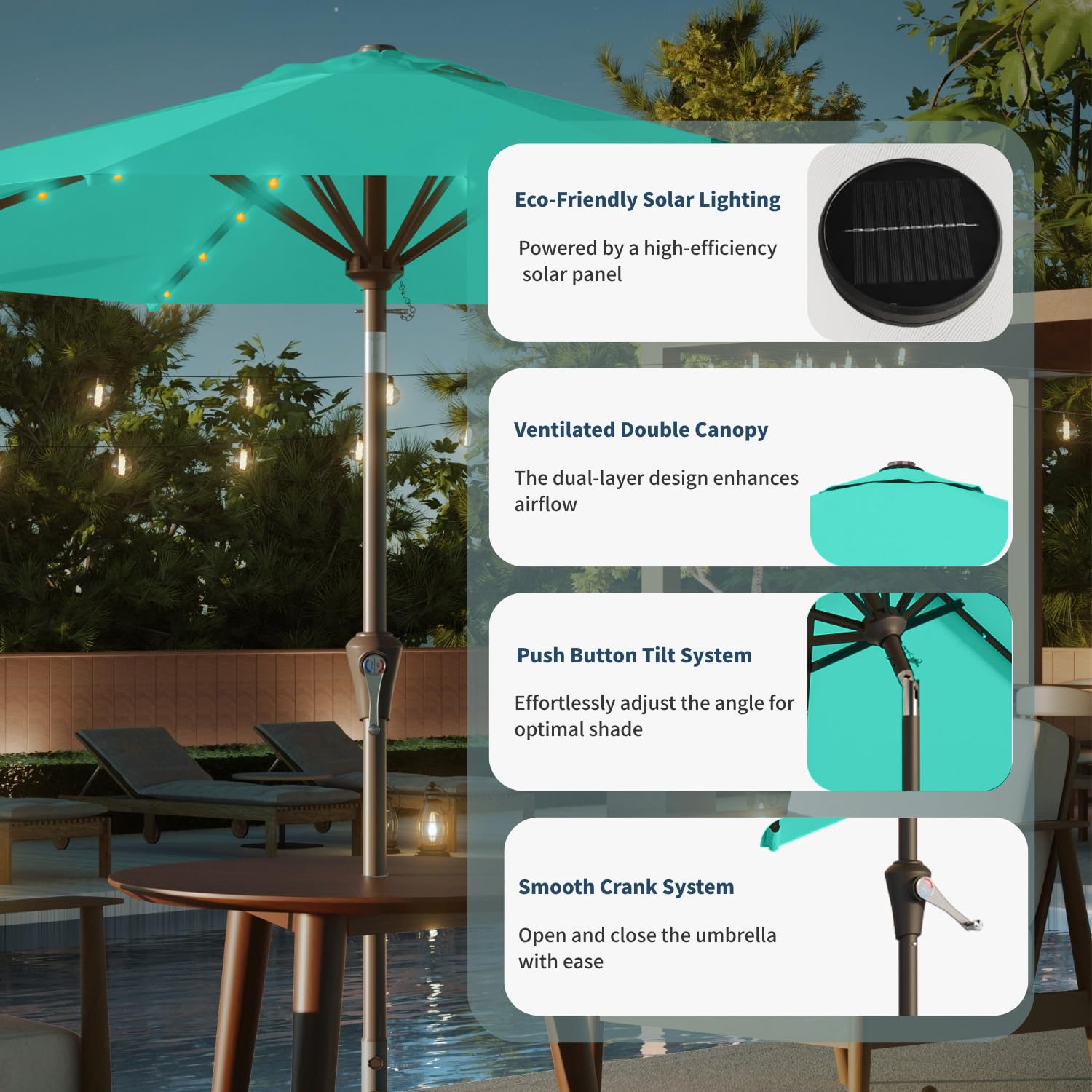 Patio Kingdom umbrella over patio dining scene creating lit outdoor atmosphere