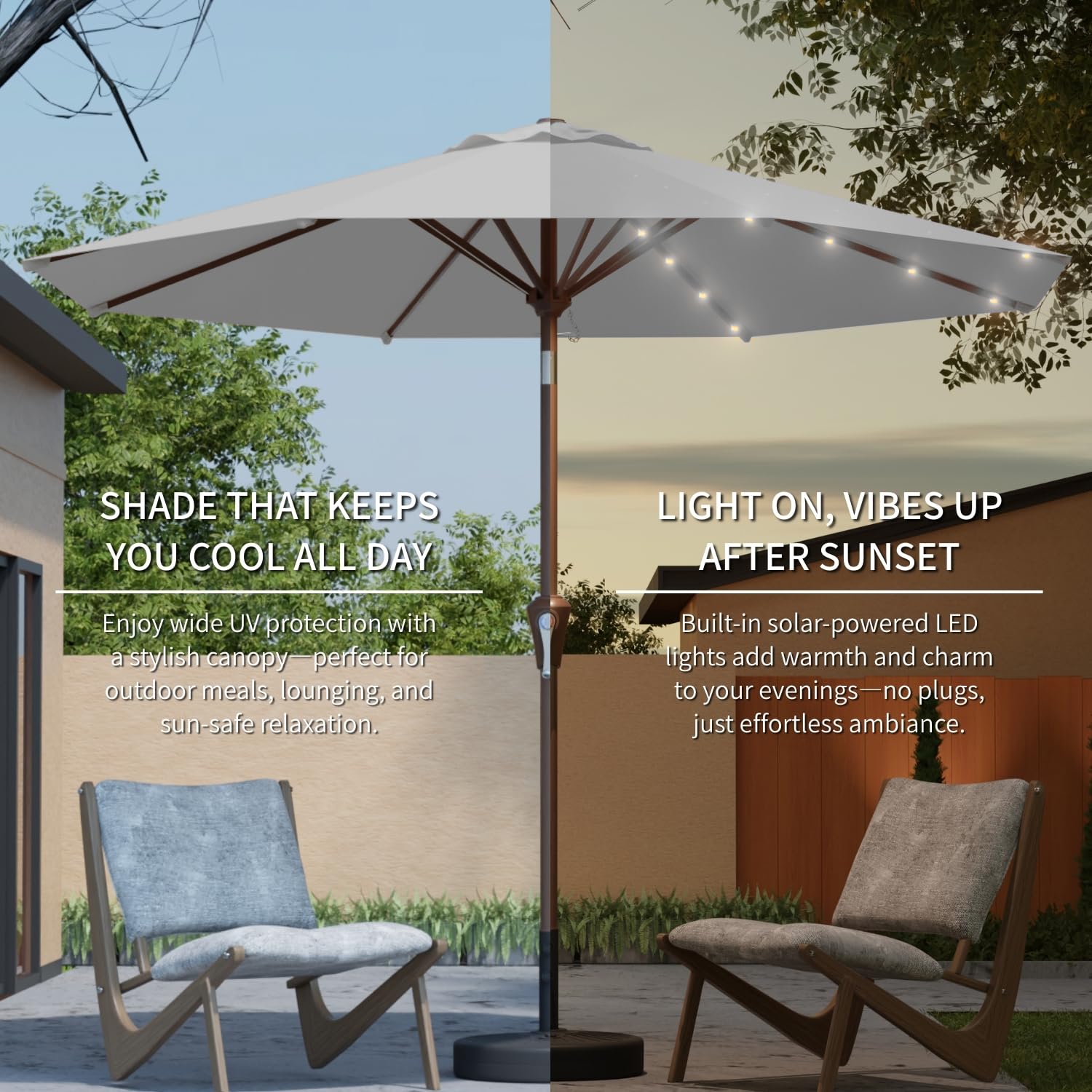 Patio Kingdom umbrella over patio dining table showing comfortable shaded dining benefit
