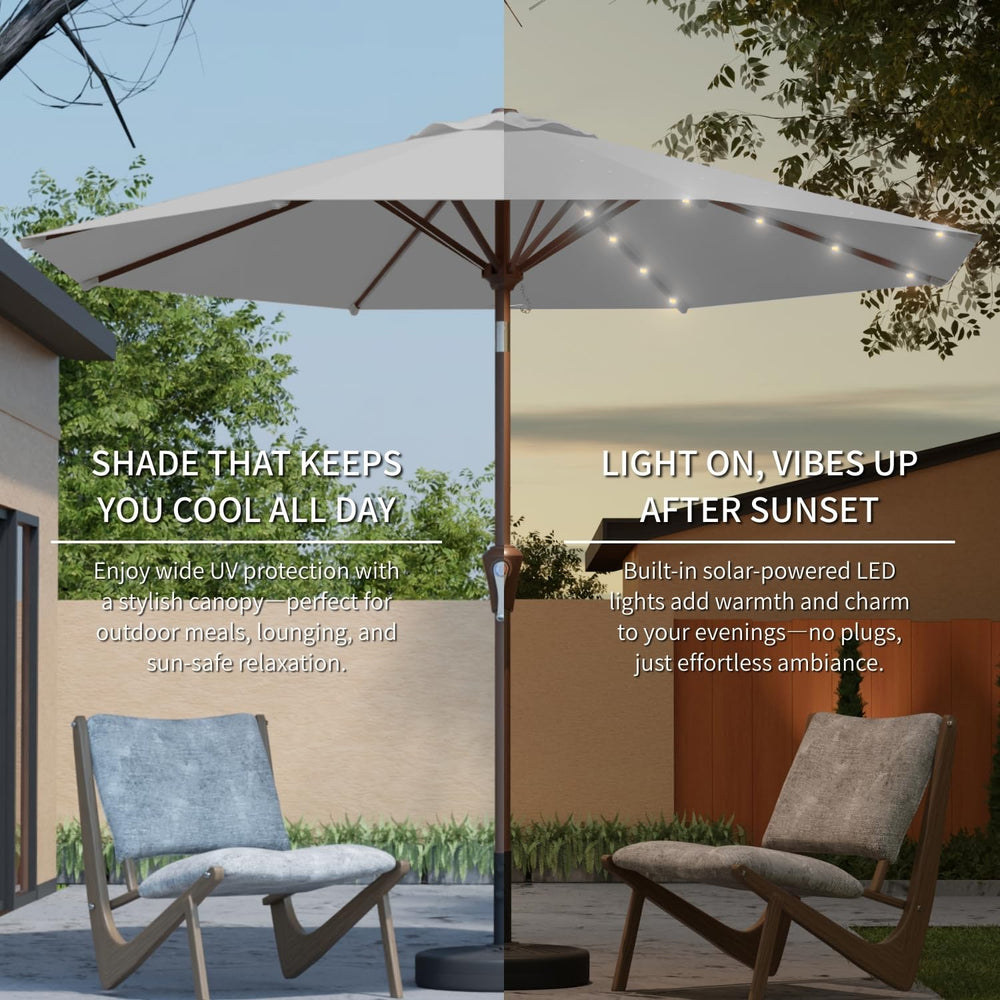 Patio Kingdom umbrella over patio dining table showing comfortable shaded dining benefit