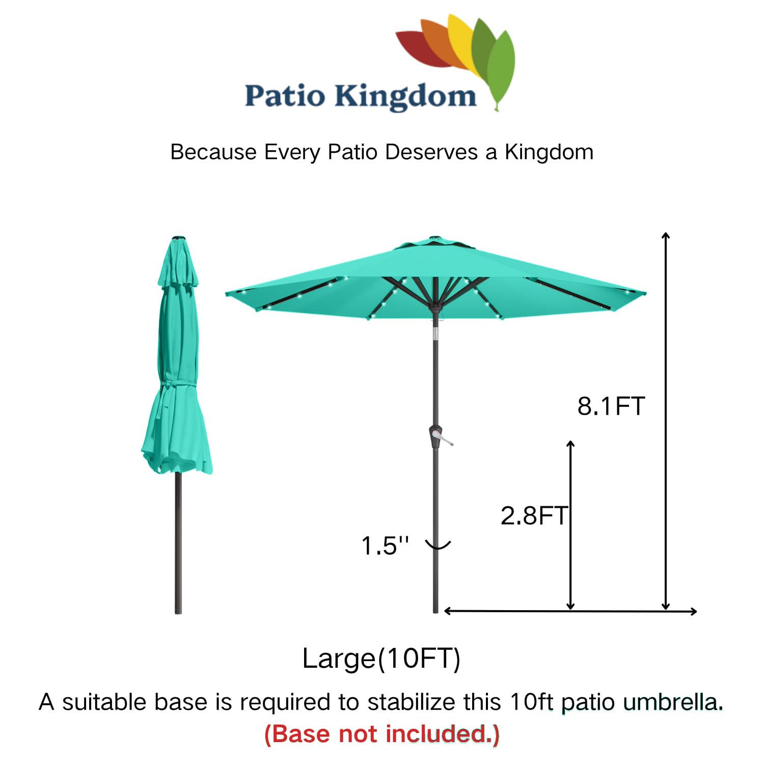 Patio Kingdom package contents with umbrella and pre-installed solar panel benefit