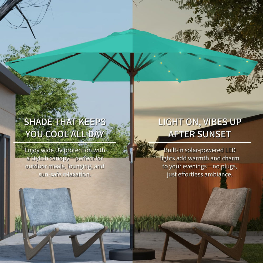 Patio Kingdom umbrella beside table and chairs showing coverage scale benefit