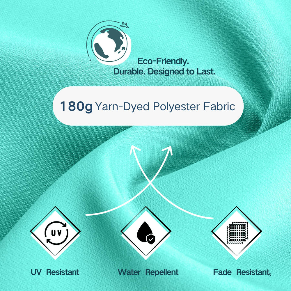 Patio Kingdom fabric with water droplets showing 180g waterproof polyester protection benefit