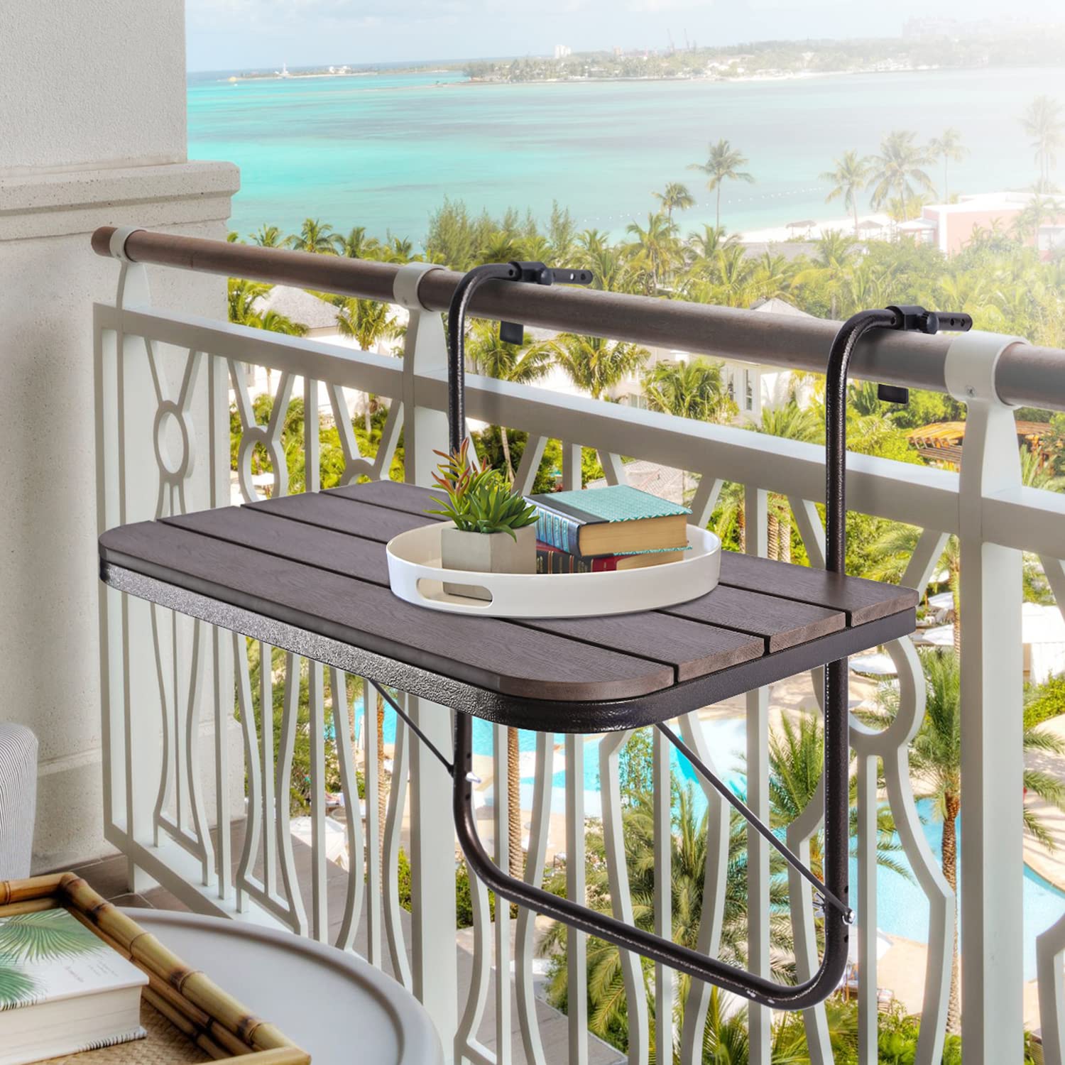 Patio Novagarden front view showing folded hanging railing table and compact footprint