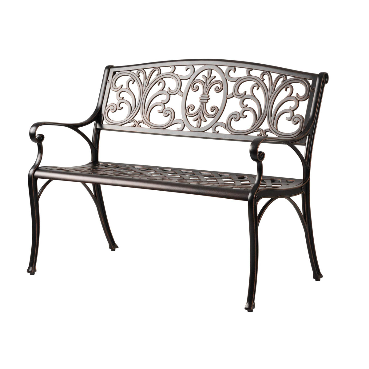 Patio Sense Decatur bench front view showing elegant design and durable seating benefit