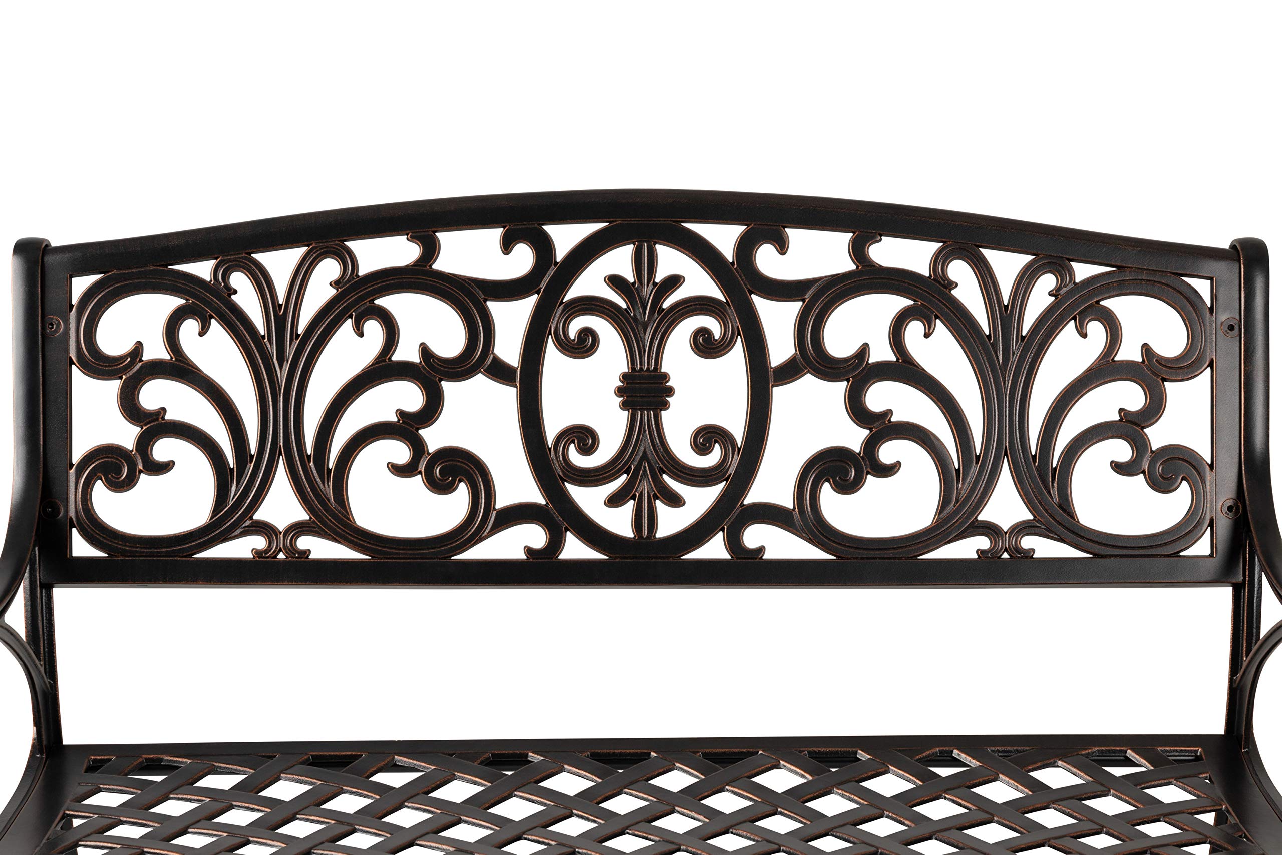 Patio Sense Decatur bench placed in garden showing rust-free durability outdoors