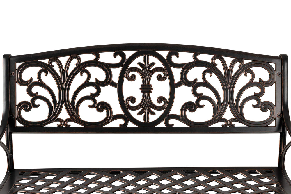 Patio Sense Decatur bench placed in garden showing rust-free durability outdoors