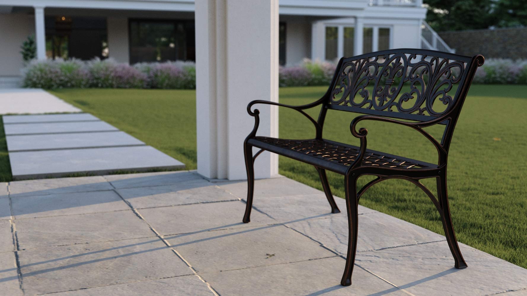 Patio Sense Decatur bench on porch in lifestyle setting showing welcoming curb appeal