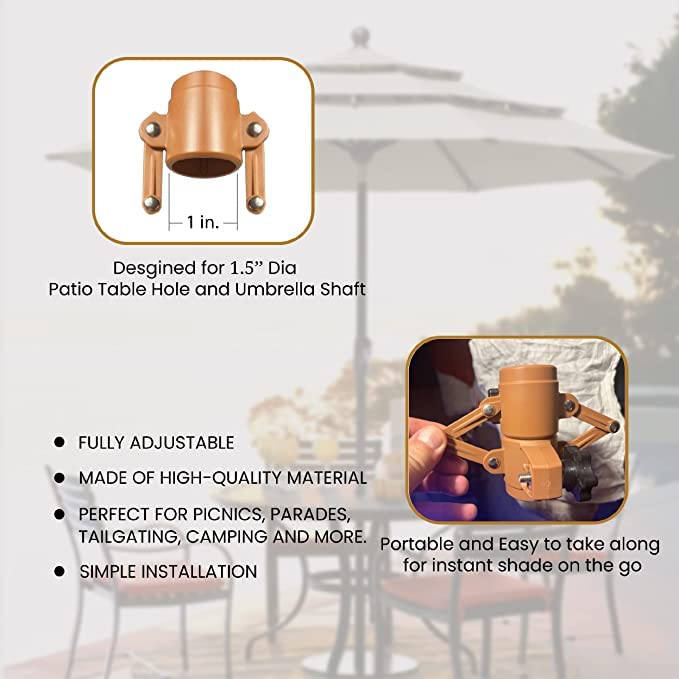 Patio Umbrella Lock installed on table stabilizing umbrella pole