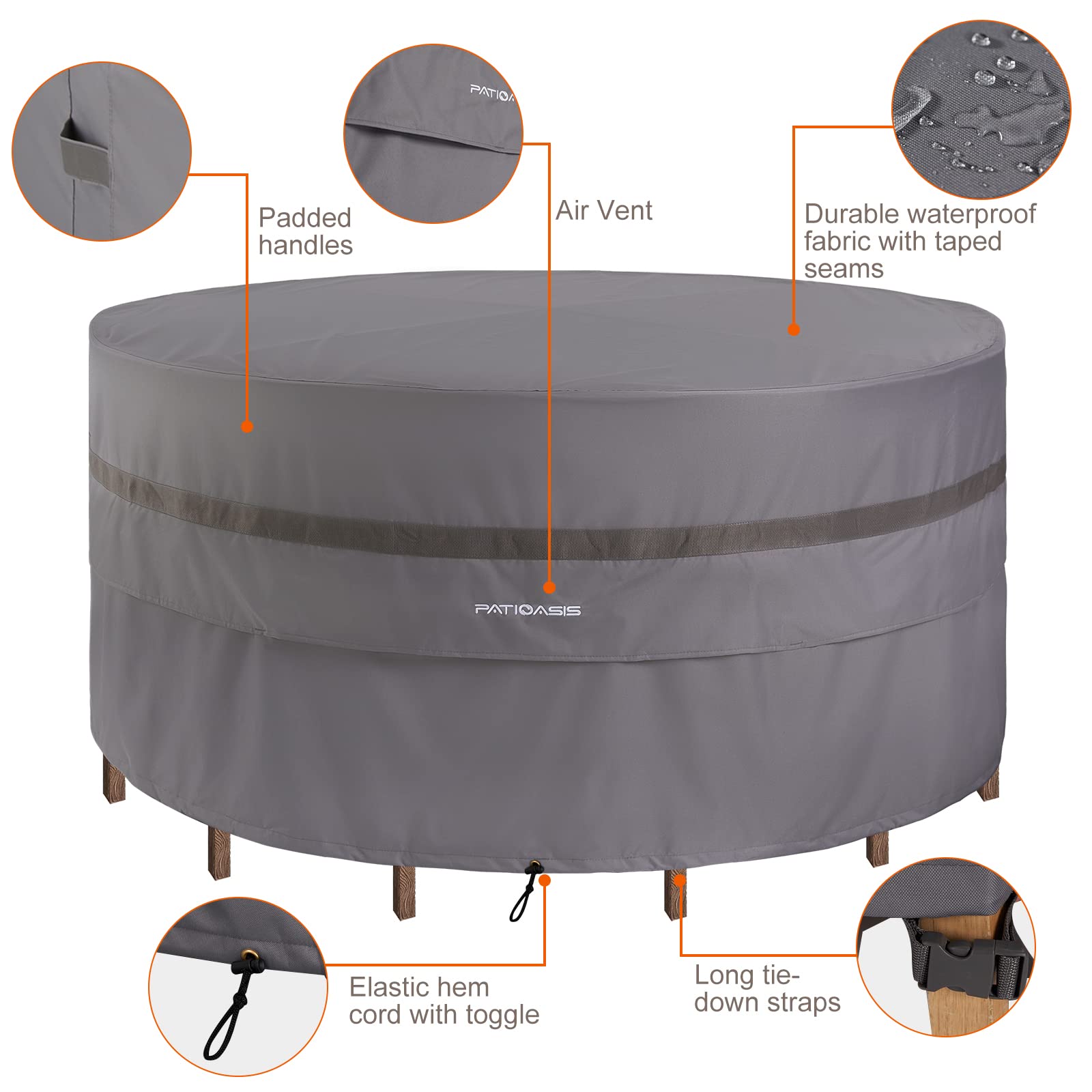 PATIOASIS cover in outdoor patio setting over dining set, protects furniture from elements