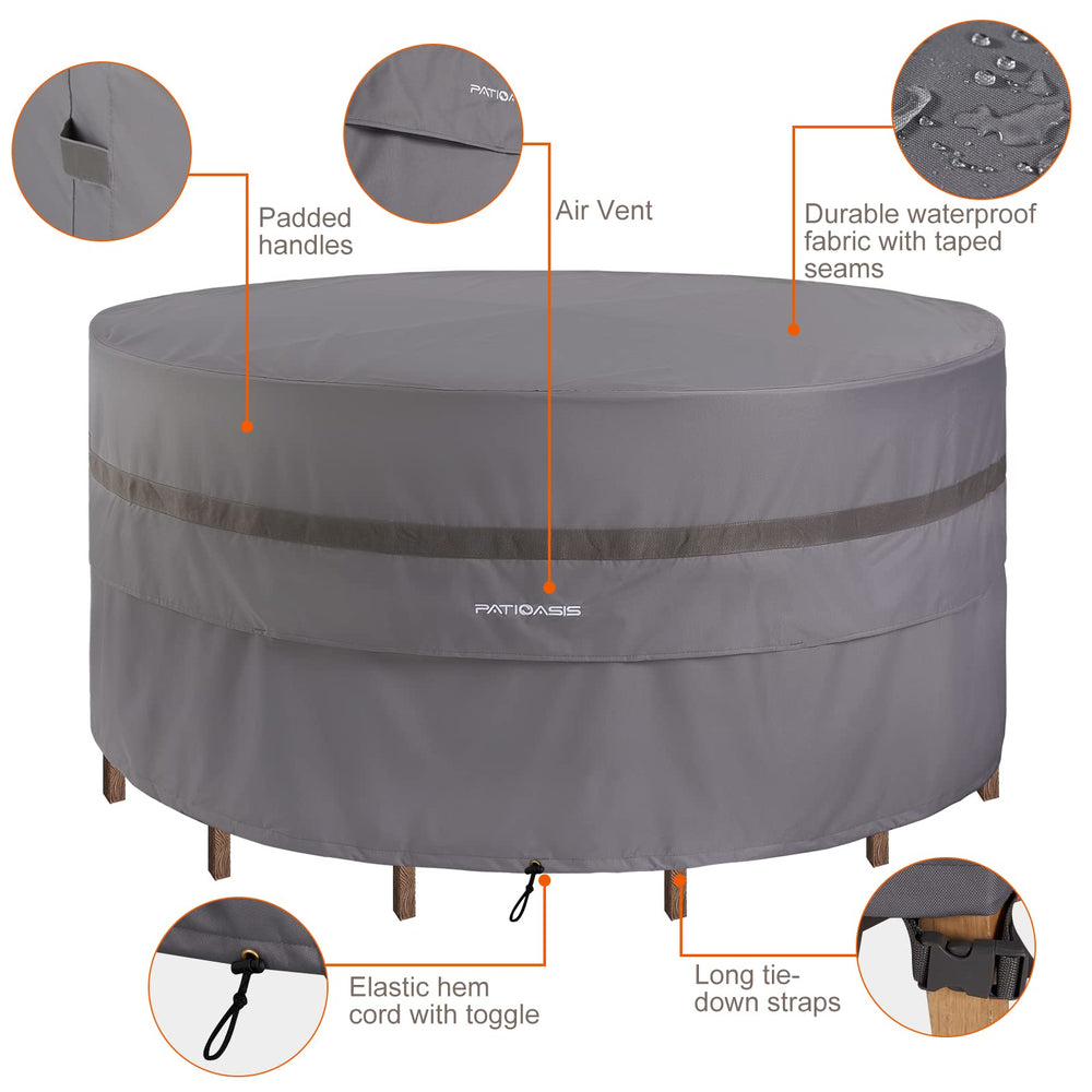 PATIOASIS cover in outdoor patio setting over dining set, protects furniture from elements