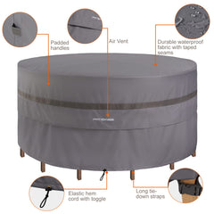PATIOASIS cover in outdoor patio setting over dining set, protects furniture from elements
