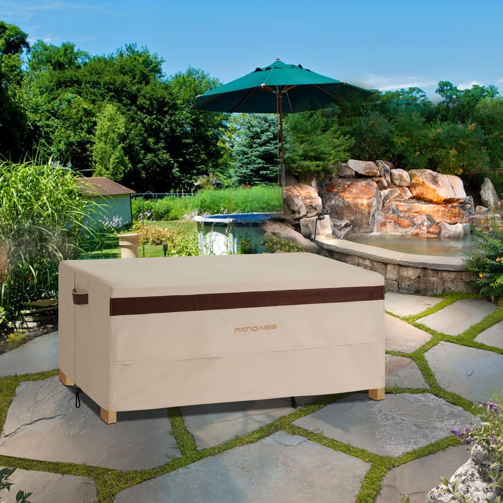 PATIOASIS cover size comparison with hands showing fit for medium rectangular tables