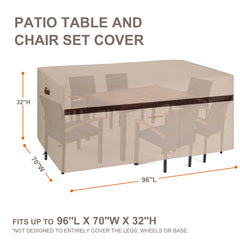PATIOASIS cover placed over table and chairs on patio, provides clean neat appearance