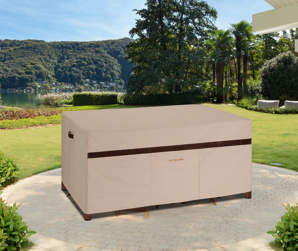 PATIOASIS folded cover in storage bag, enables compact easy off-season storage