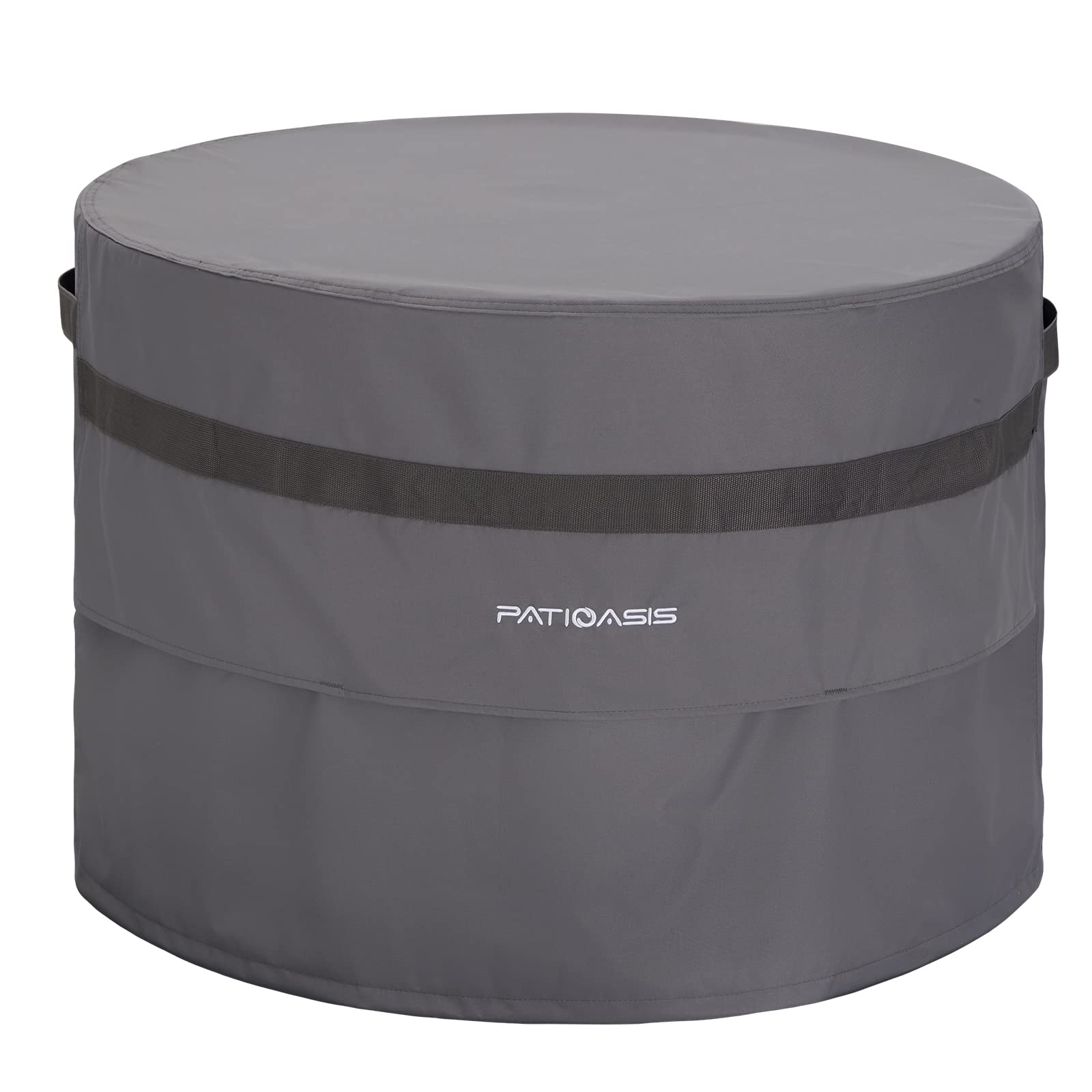 PATIOASIS front view of cover protecting fire pit showing full coverage and fit