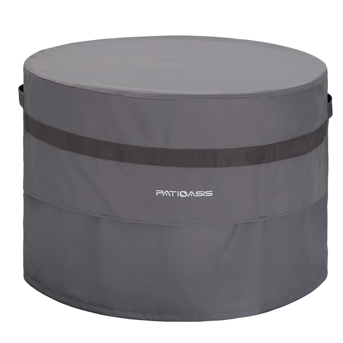PATIOASIS front view of cover protecting fire pit showing full coverage and fit