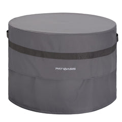 PATIOASIS front view of cover protecting fire pit showing full coverage and fit