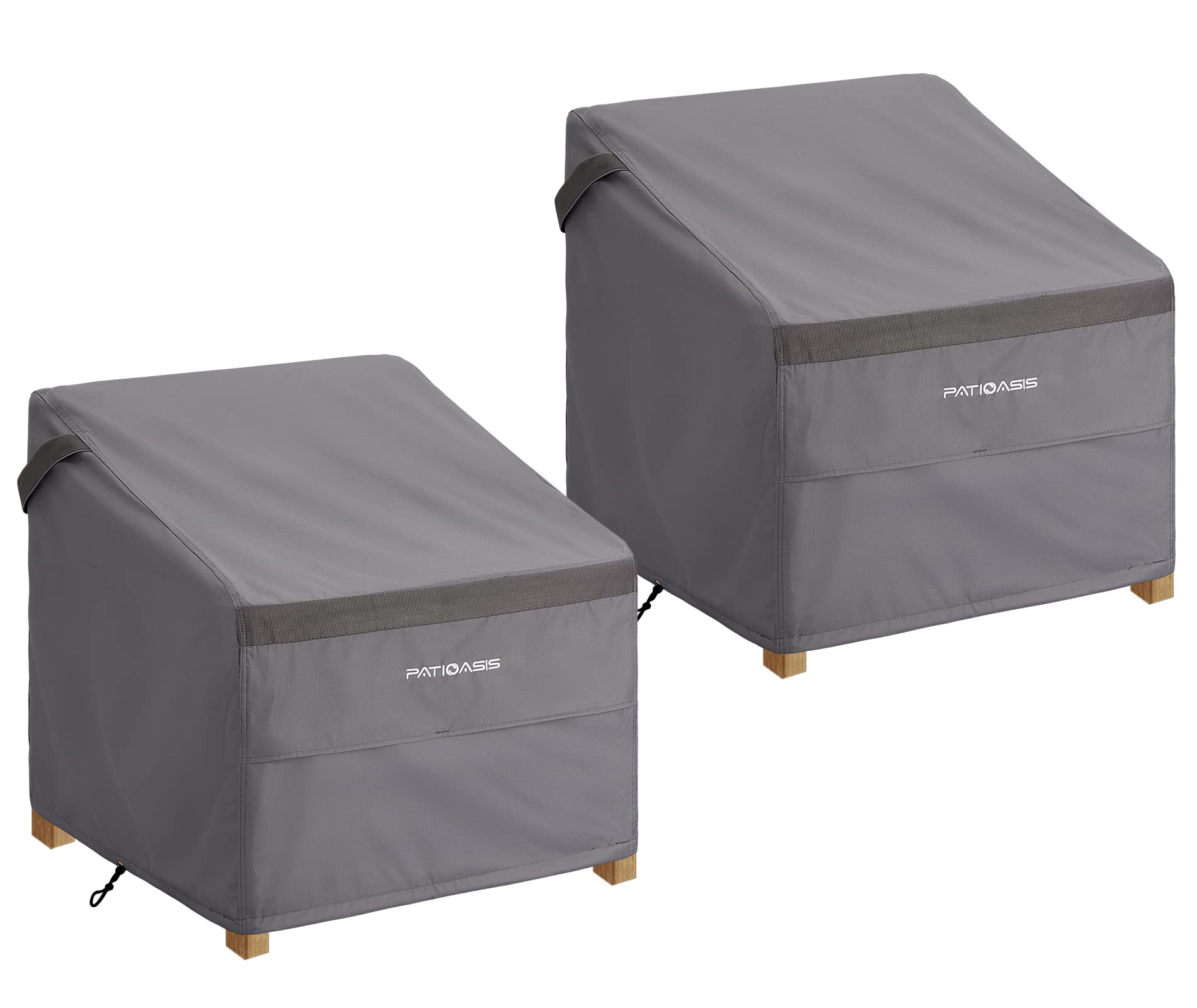 PATIOASIS front view of two grey covers protecting chairs, shows full fit and protection