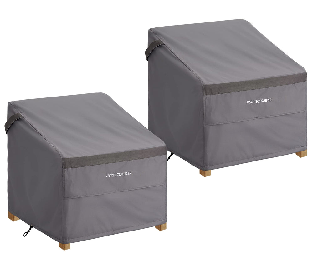 PATIOASIS front view of two grey covers protecting chairs, shows full fit and protection