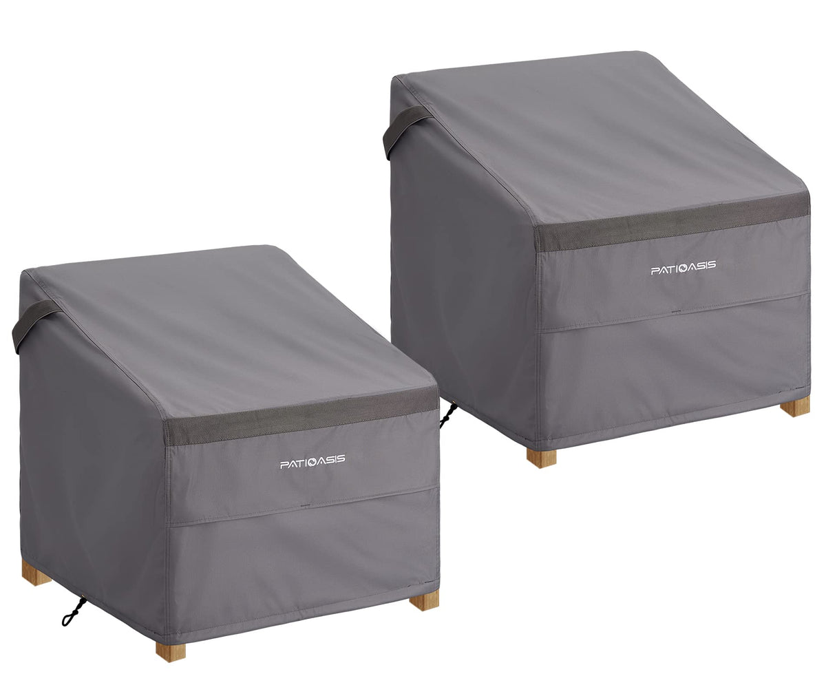 PATIOASIS front view of two grey covers protecting chairs, shows full fit and protection