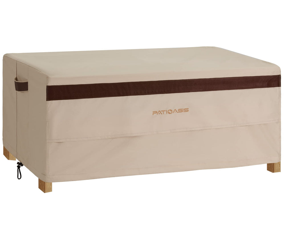 PATIOASIS front view of beige 48-inch table cover protecting a patio coffee table