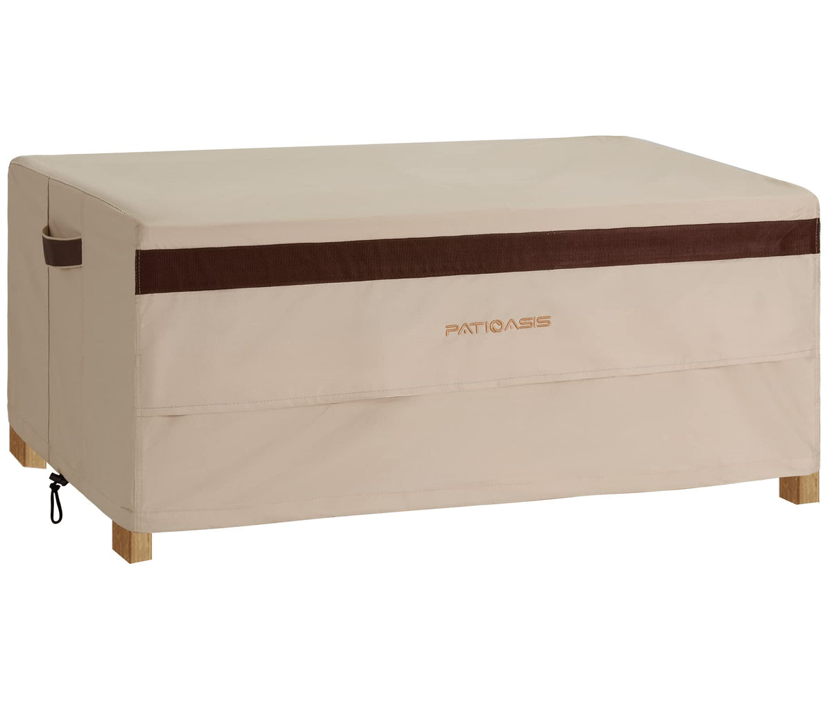 PATIOASIS front view of beige 48-inch table cover protecting a patio coffee table