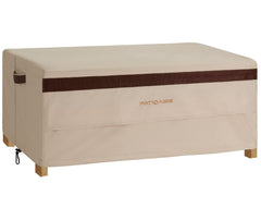 PATIOASIS front view of beige 48-inch table cover protecting a patio coffee table