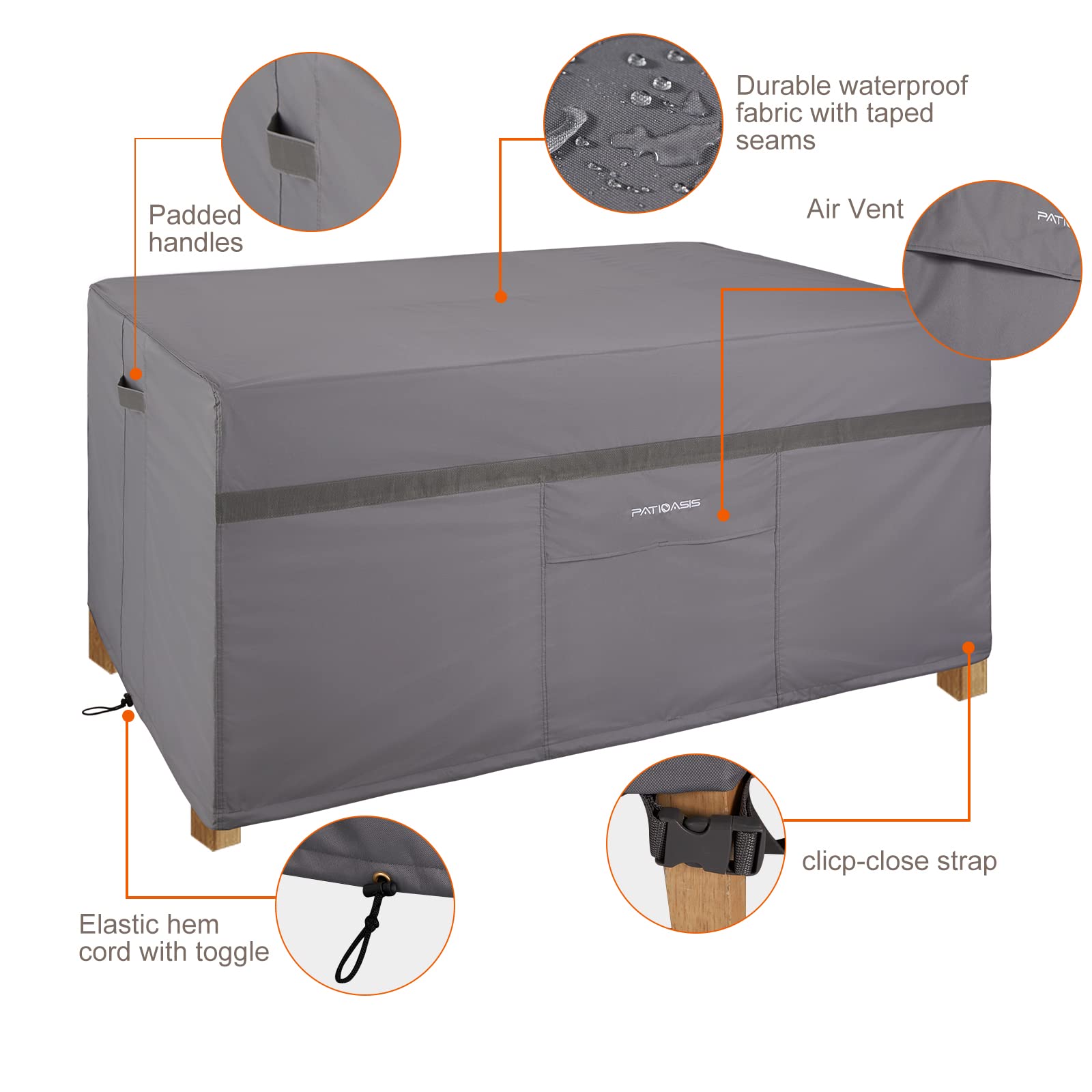 PATIOASIS straps and buckles securing cover to prevent wind lift