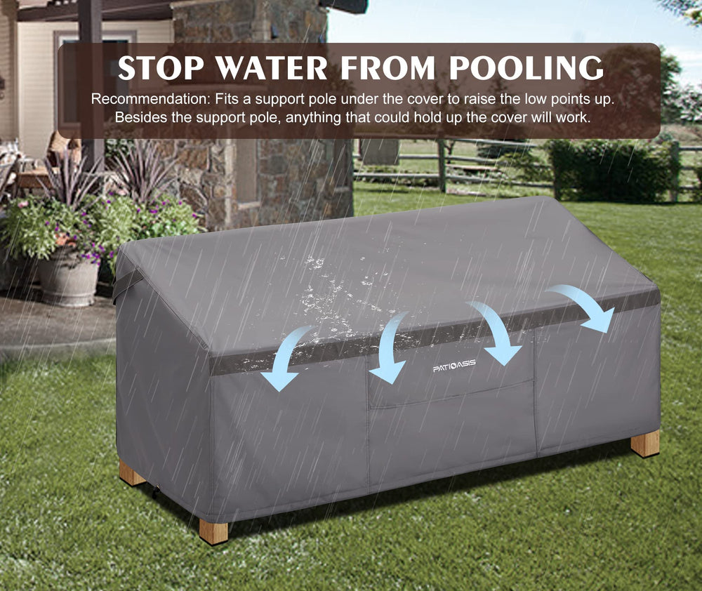 PATIOASIS covered sofa on wooden deck demonstrating all-weather protection
