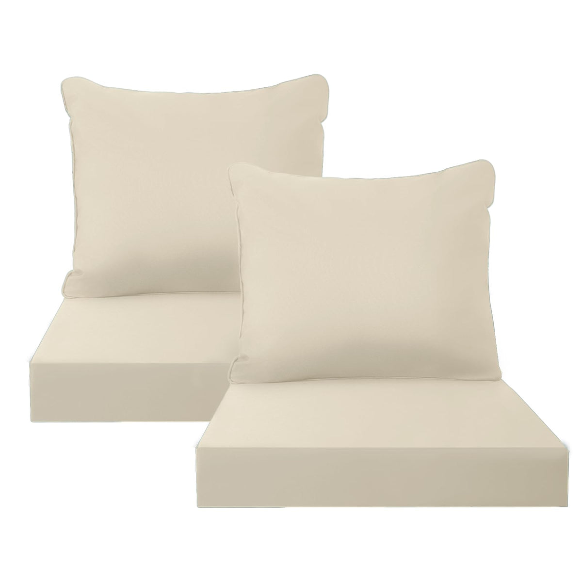 PatioGlow front view of two khaki seat cushions showing clean styling and comfort