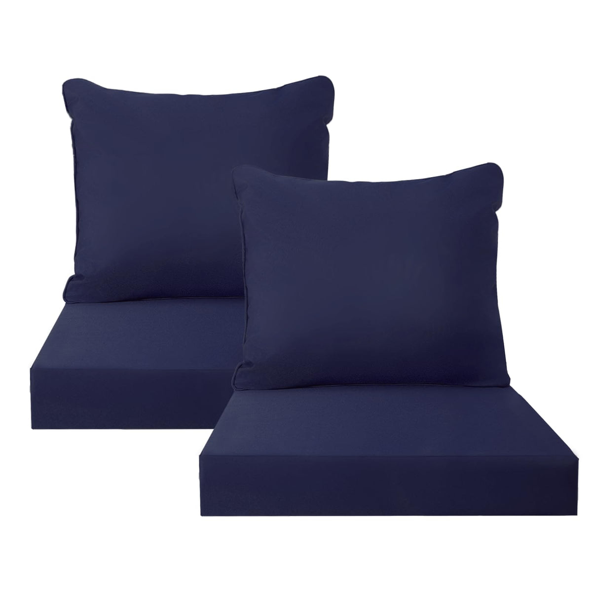 PatioGlow front view of two blue cushions showing finished edges and color, enhances patio style