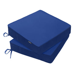 PatioGlow front view of two blue cushions showing tidy fit and color retention benefits
