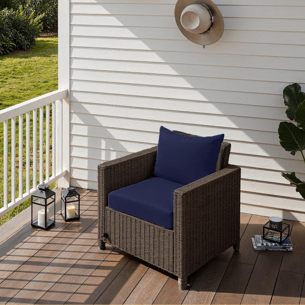 PatioGlow cushion size comparison on a chair showing 24x24x4 inch scale for proper fit