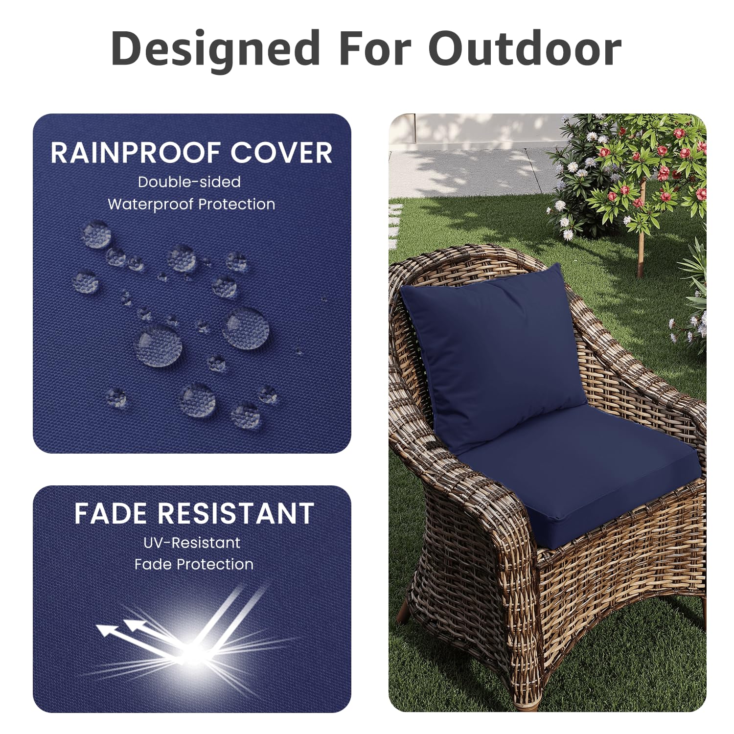 PatioGlow tied cushion on outdoor chair showing secure fit and wind-resistant benefit