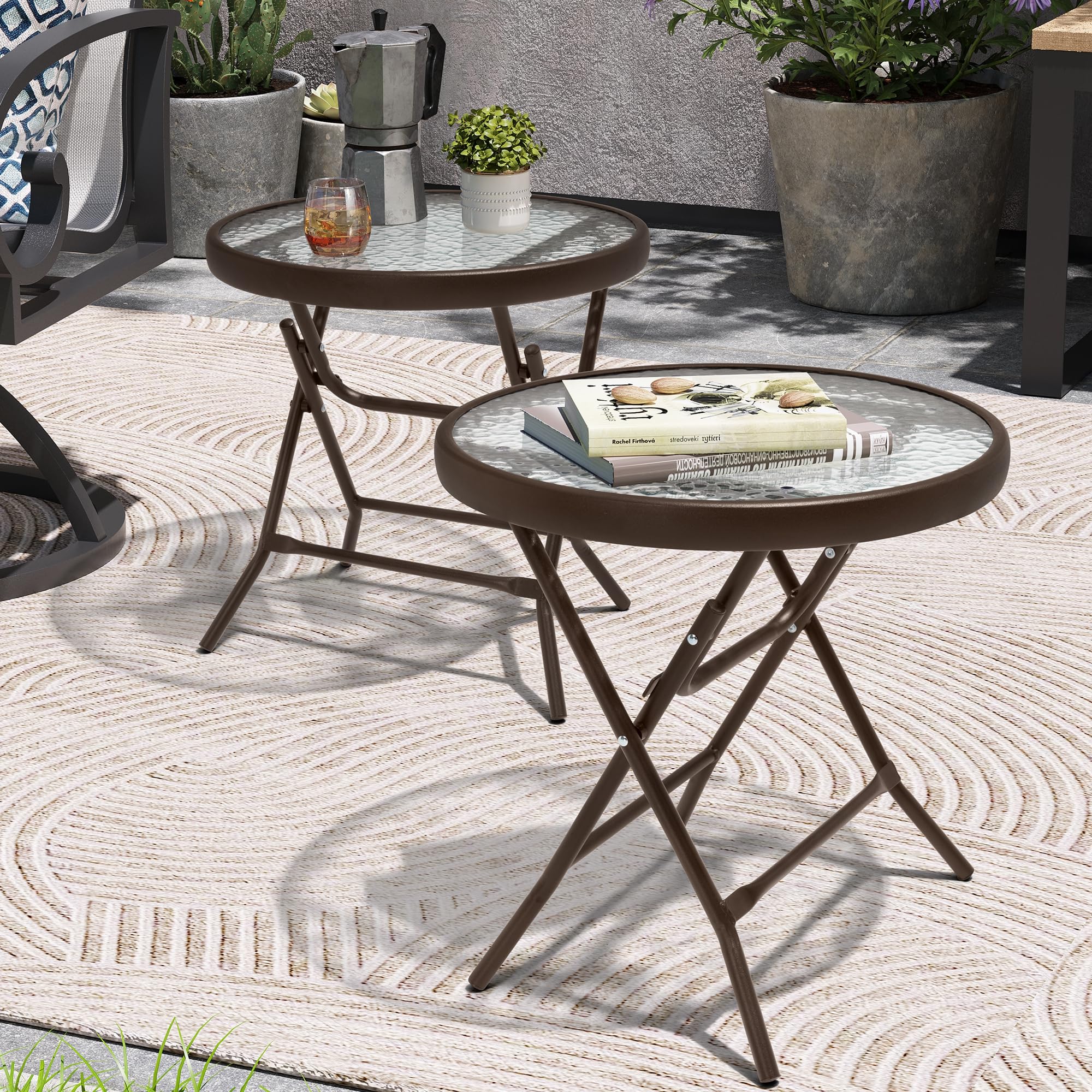 PATIOHIT front view brown glass table showing sleek portable surface