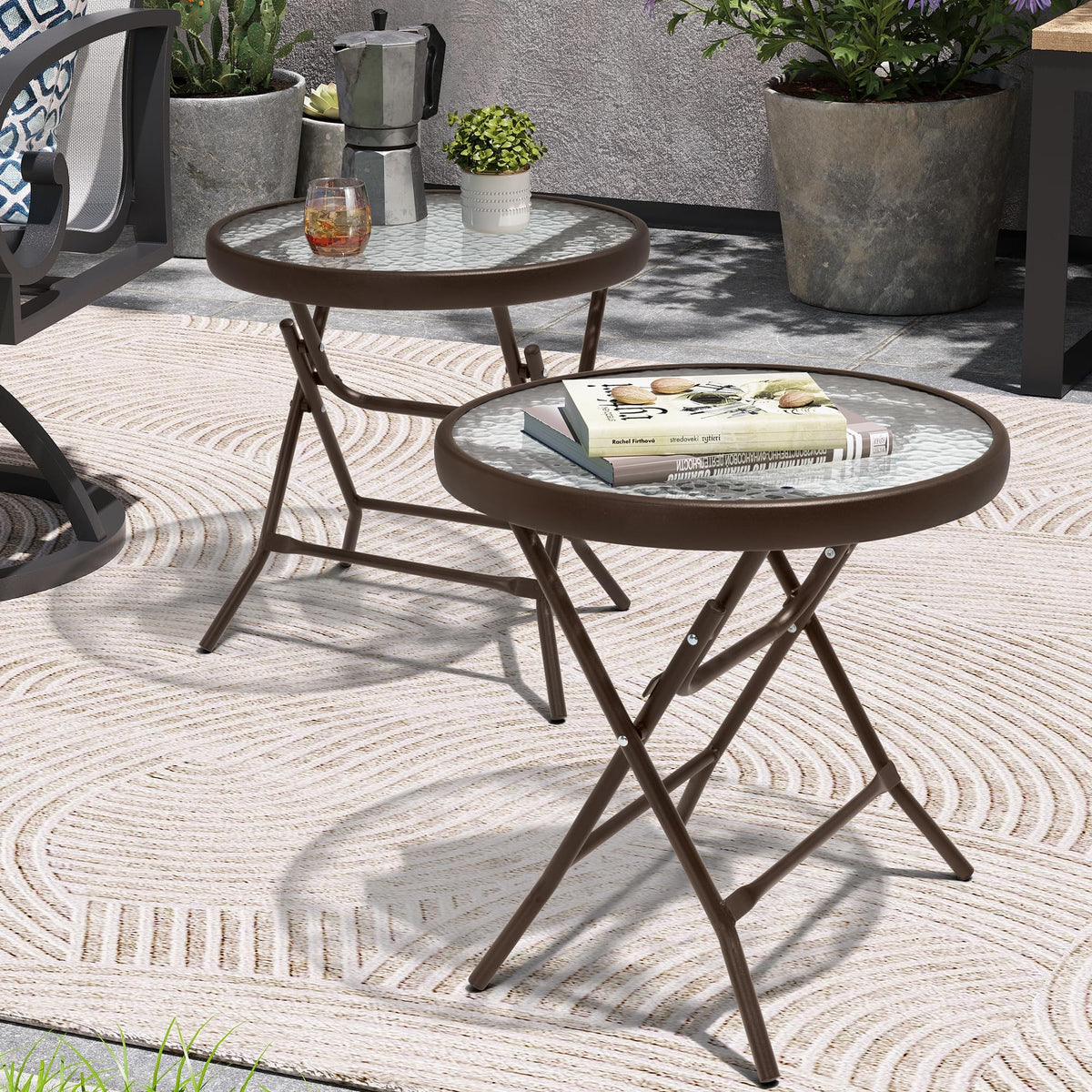 PATIOHIT front view brown glass table showing sleek portable surface