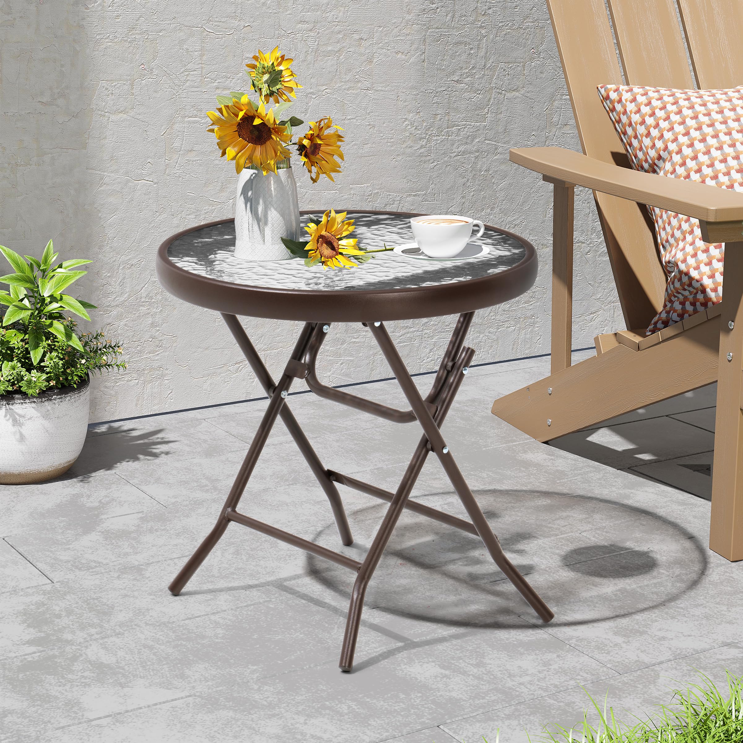 PATIOHIT table with drinks and plant demonstrating stable everyday use