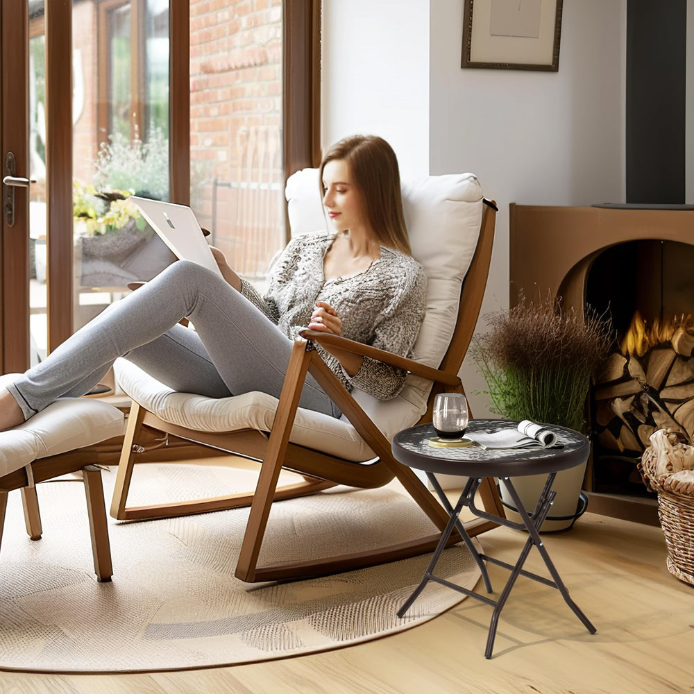 PATIOHIT table beside chair showing compact scale and usability