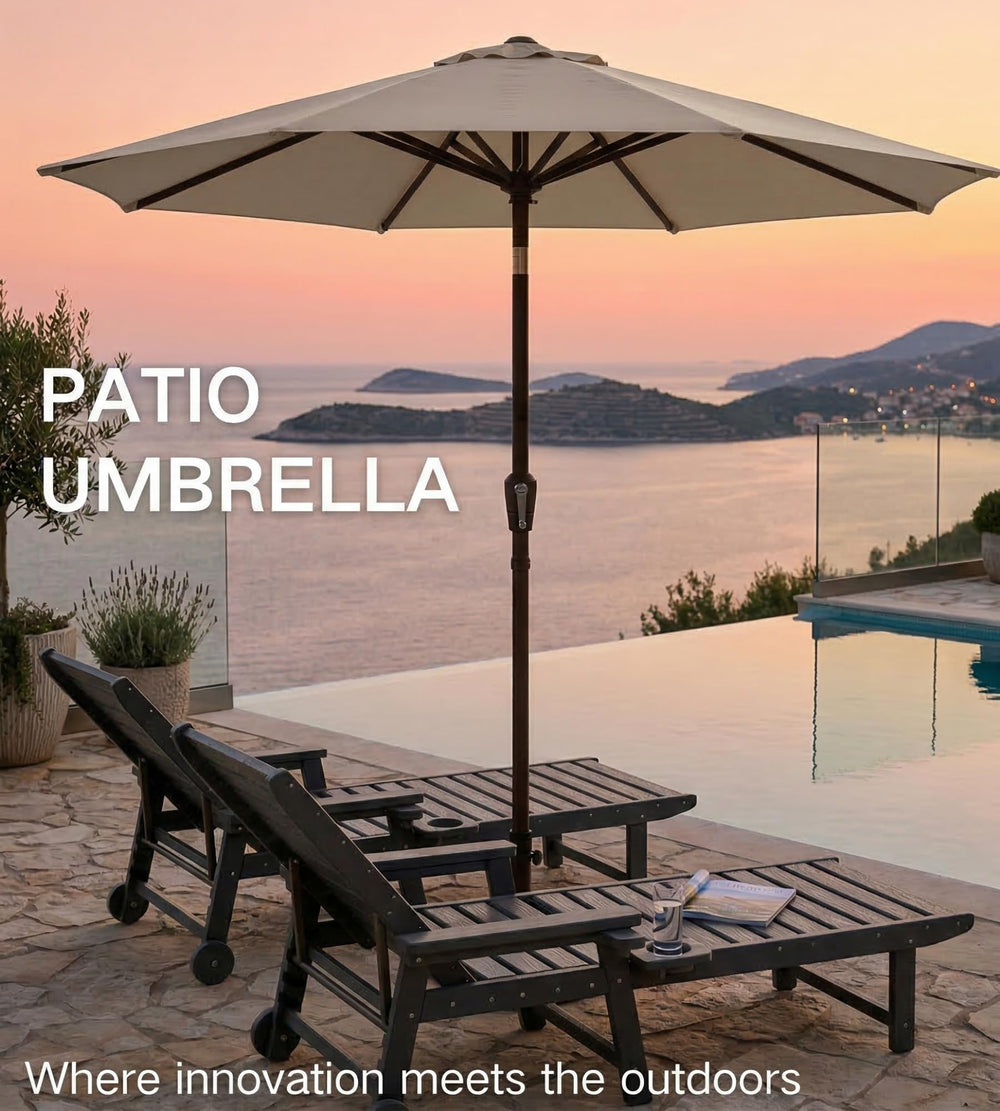 Patio Kingdom label and powder-coated pole showing durable finish benefit