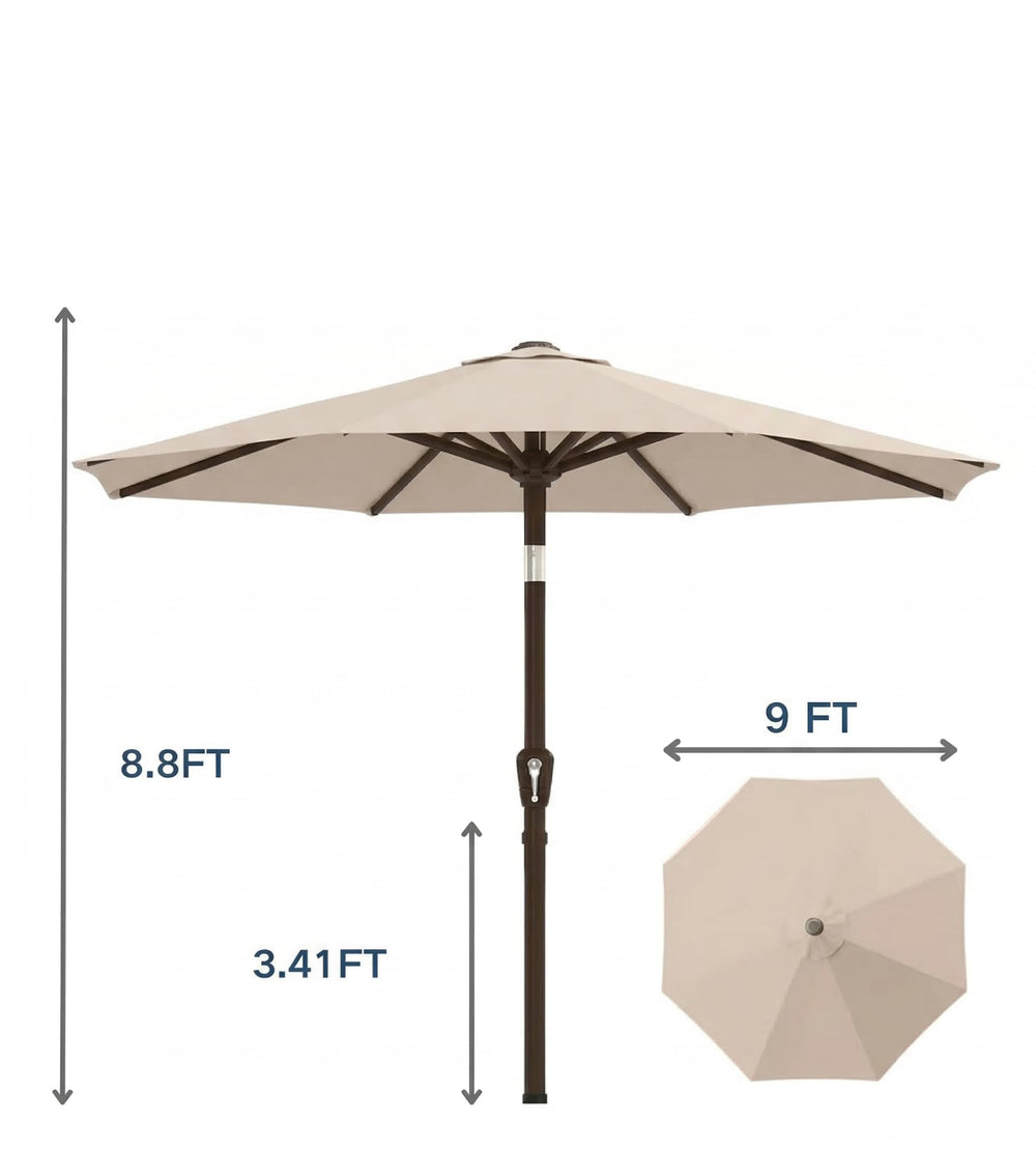 Patio Kingdom umbrella next to table showing scale and coverage benefit