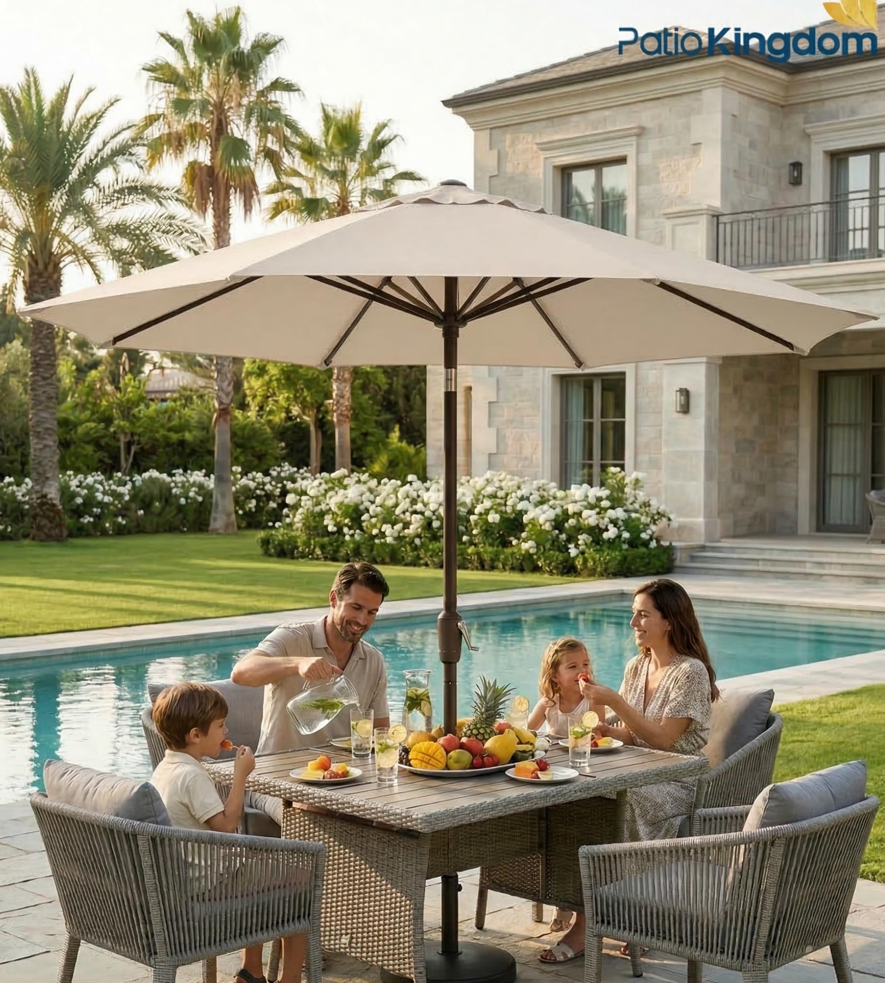 Patio Kingdom umbrella over patio dining set showing comfortable outdoor shade benefit