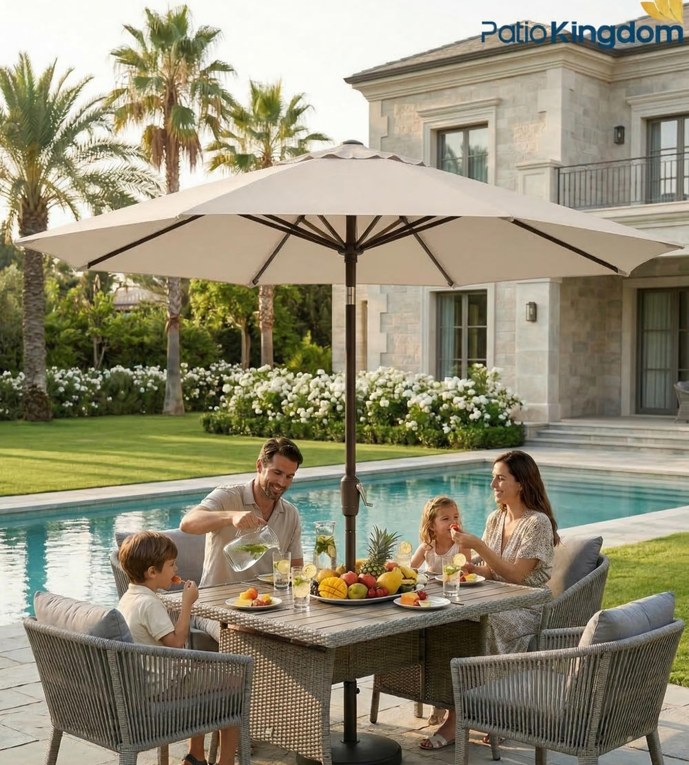 Patio Kingdom umbrella over patio dining set showing comfortable outdoor shade benefit
